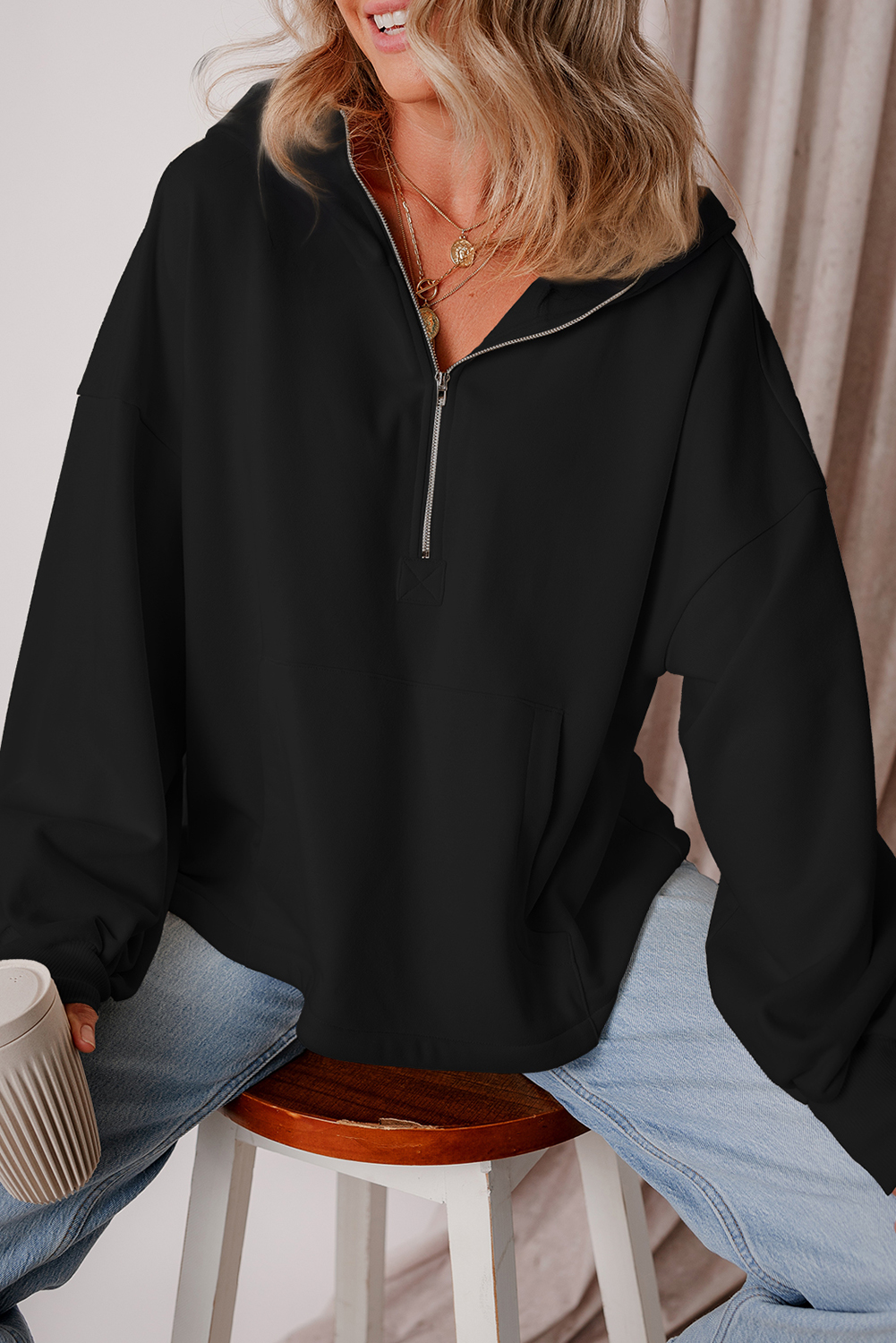 Bonbon Fleece Lined Half Zipper Kangaroo Pockets Loose Hoodie - loveforevers