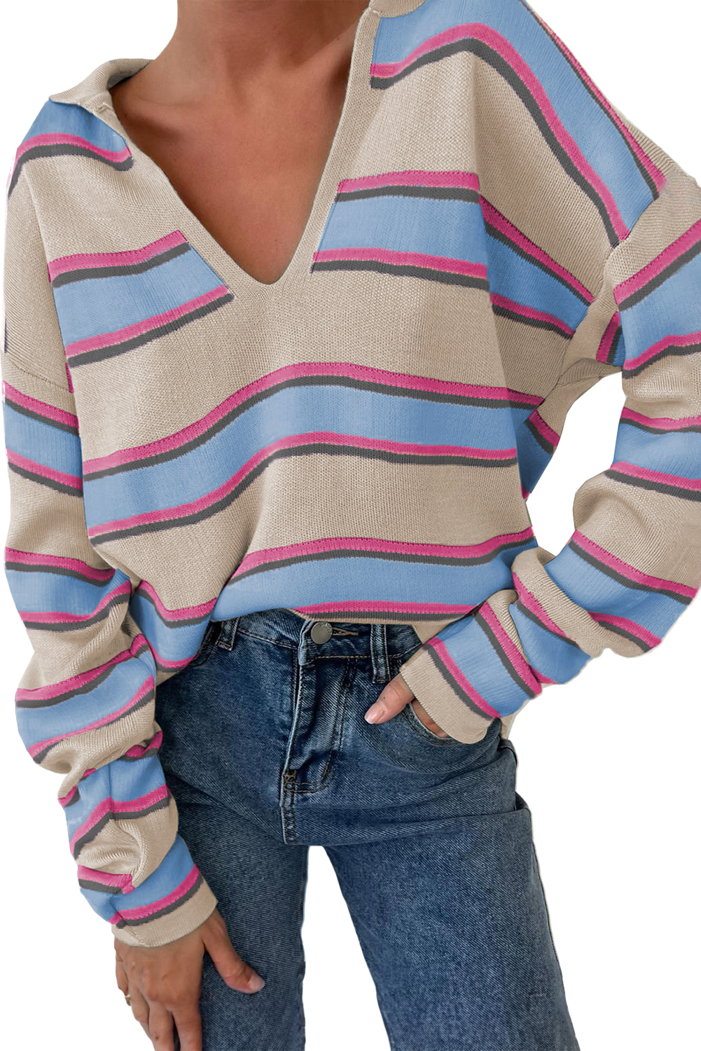 Apricot Stripe Collared V Neck Drop Shoulder Loose Sweater - loveforevers
