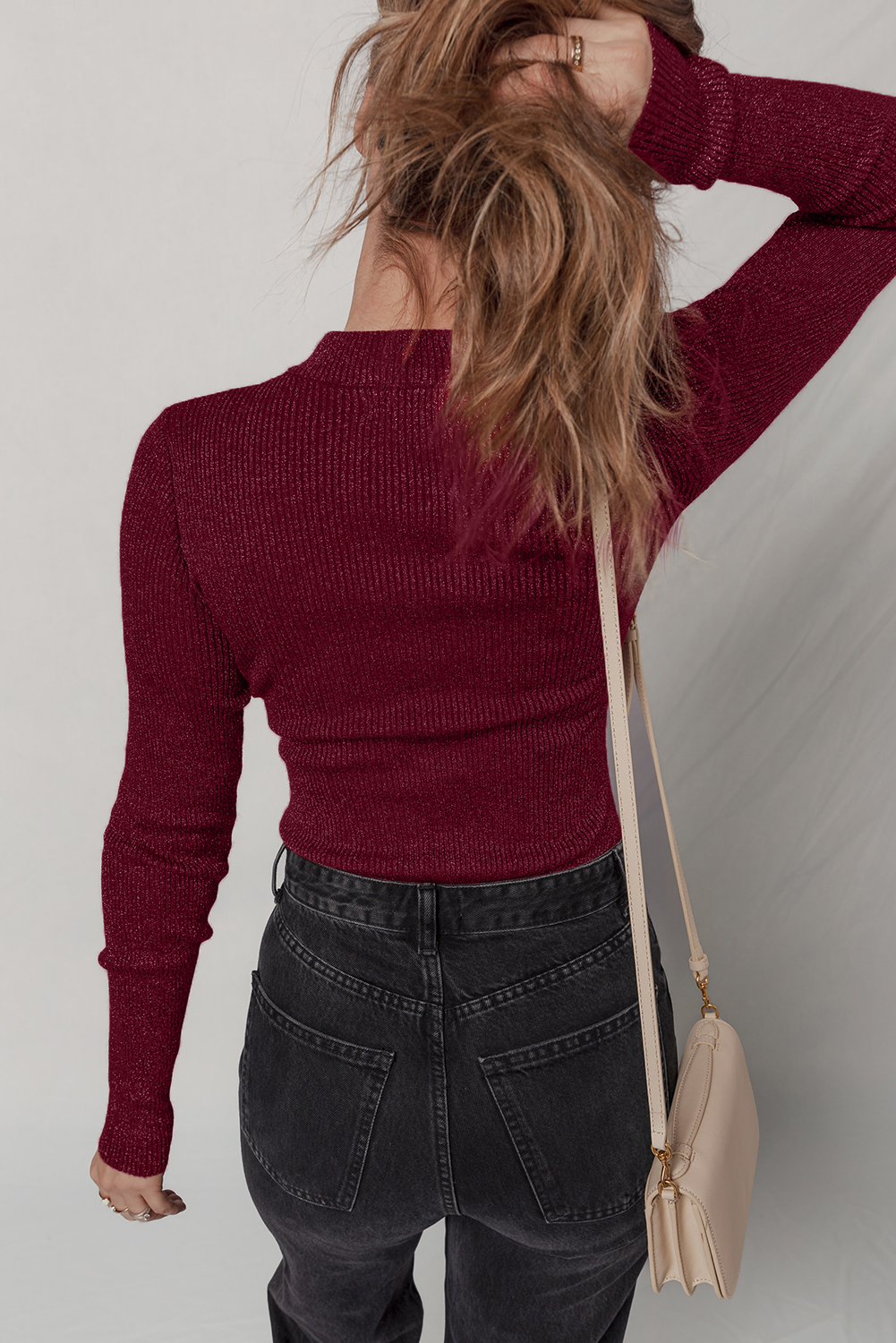 Red Dahlia Metal Ribbed Knit Long Sleeve Slim Fit Top - loveforevers