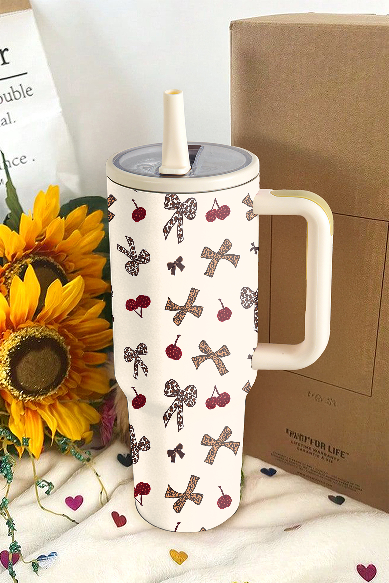 White Leopard Cheery Bow Printed Single Handle Flip Straw Travel Cup - loveforevers