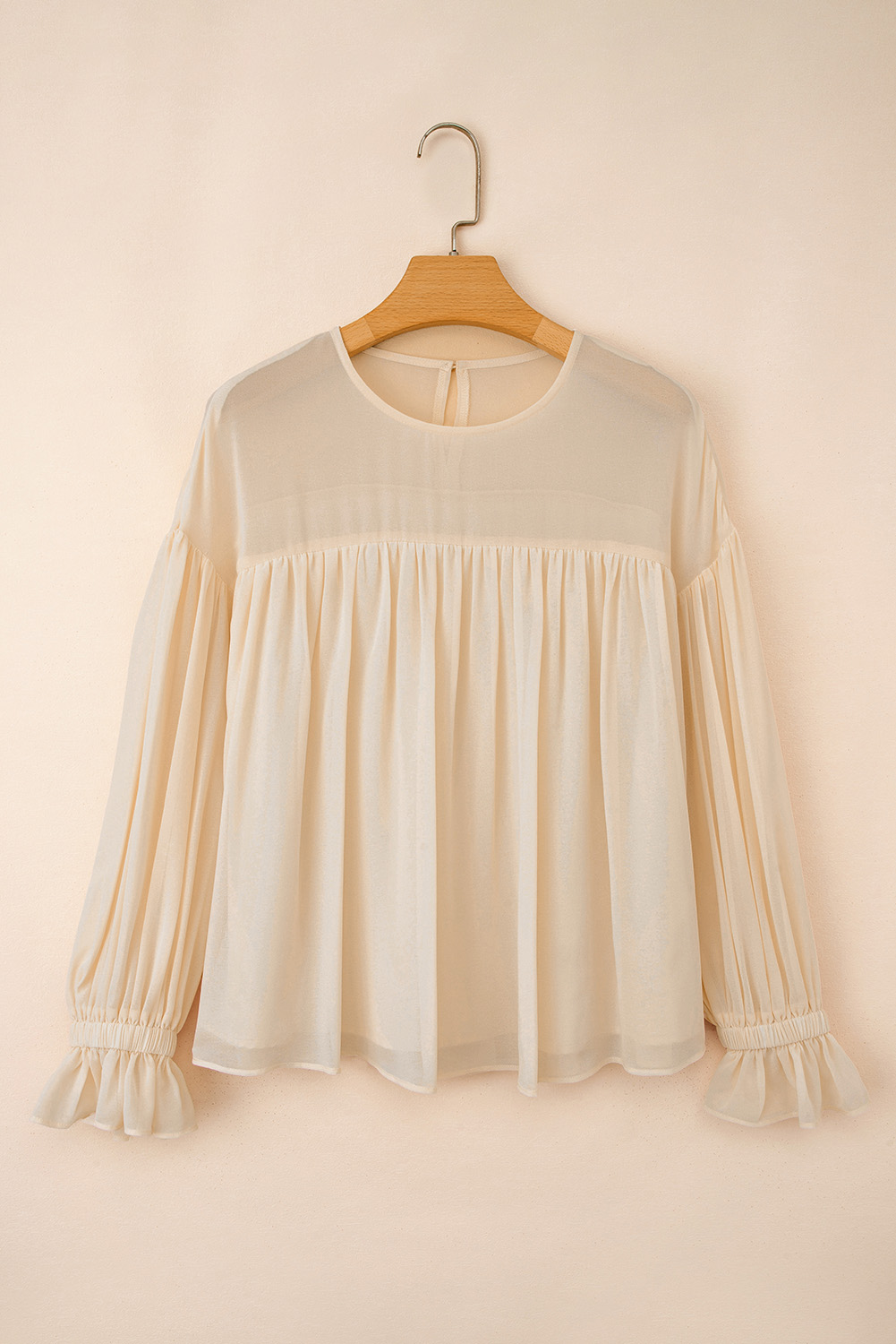Parchment Pleated Ruffle Long Sleeve Chiffon Blouse - loveforevers