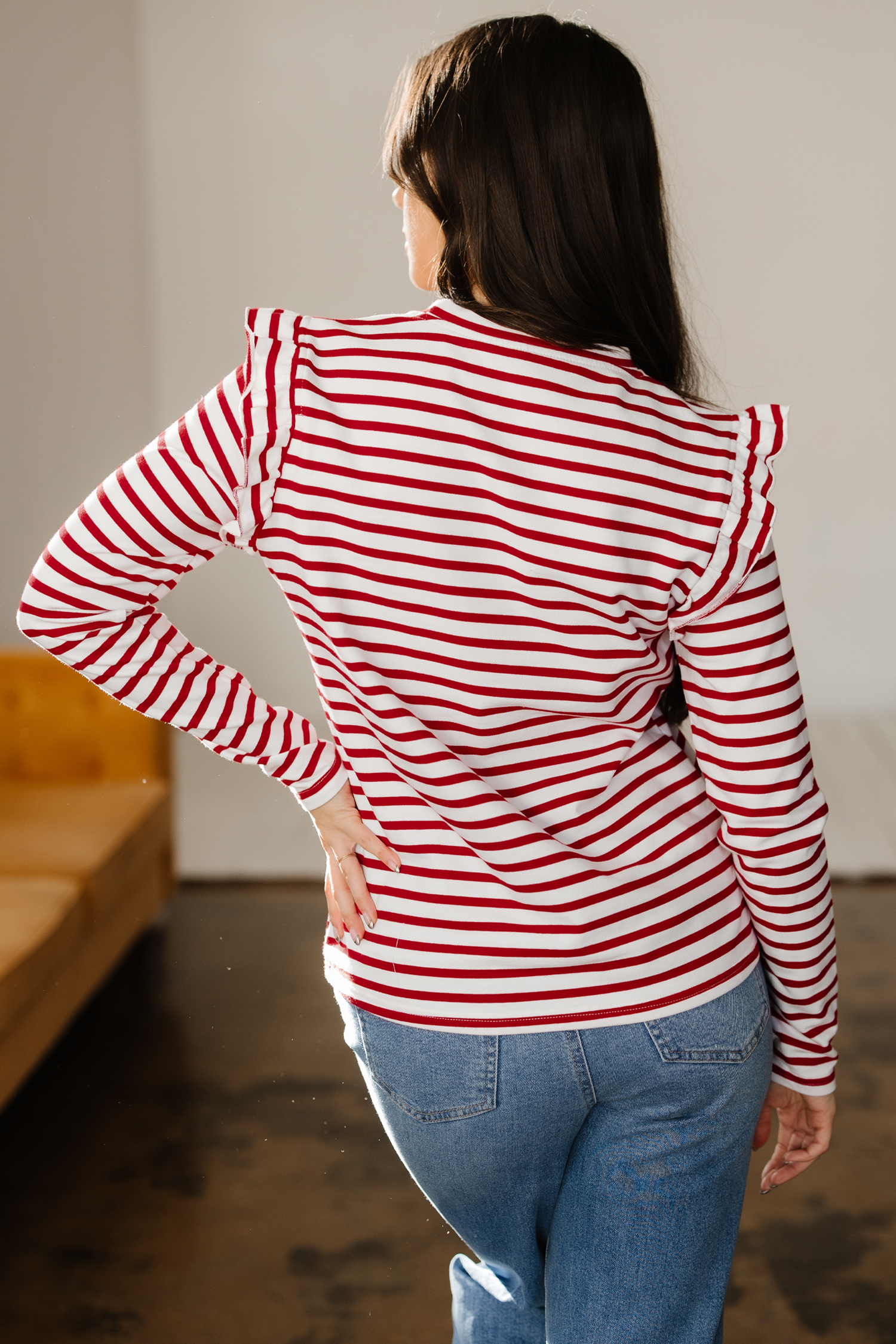Red Stripe Round Neck Ruffle Trim Long Sleeve Top - loveforevers