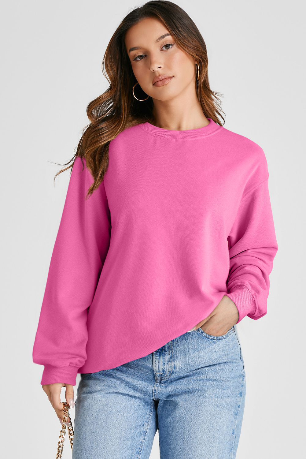 Navy Blue Plain Drop Shoulder Crewneck Pullover Sweatshirt - loveforevers