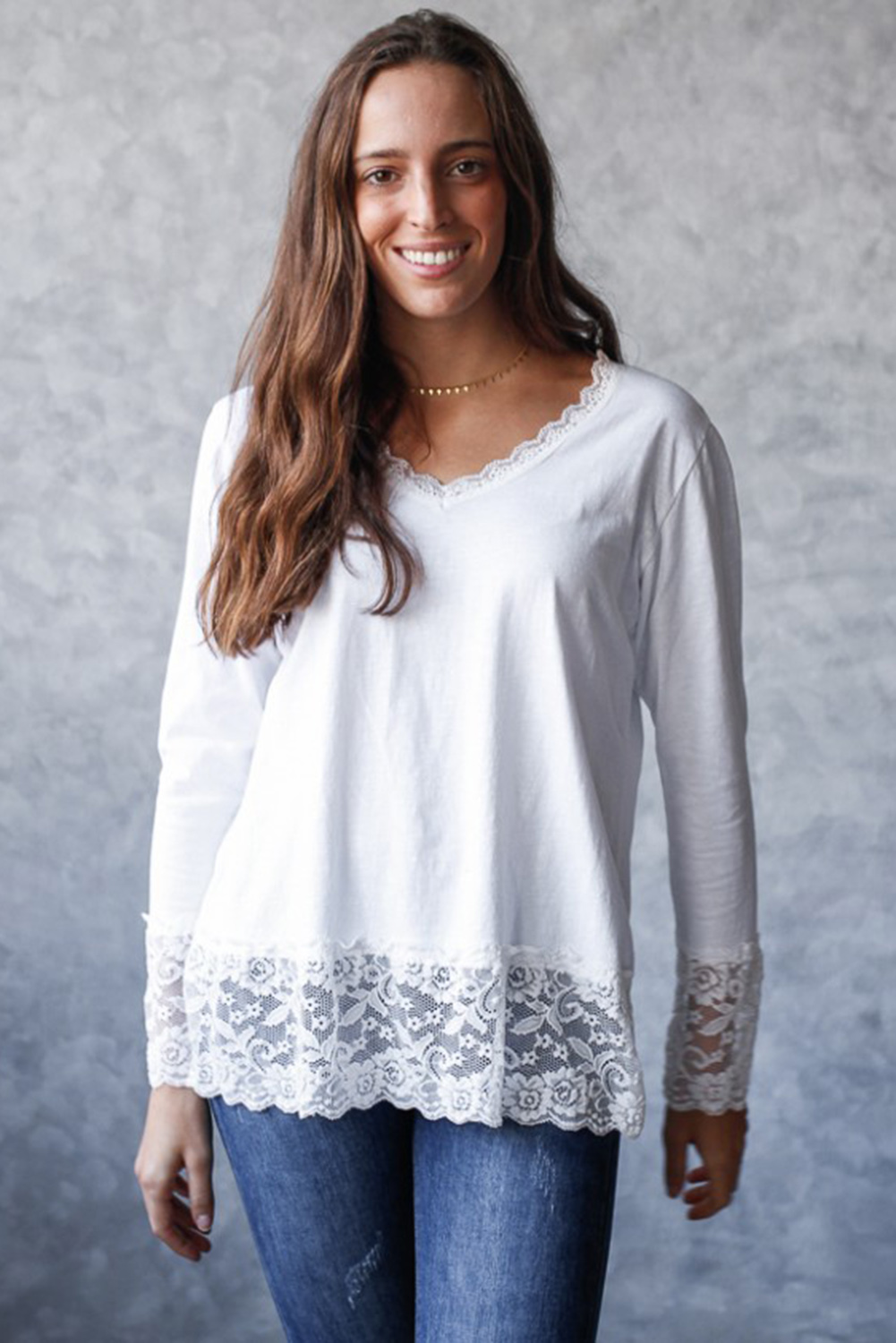 White Lace Trim V Neck Cuffed Long Sleeve Loose Top - loveforevers