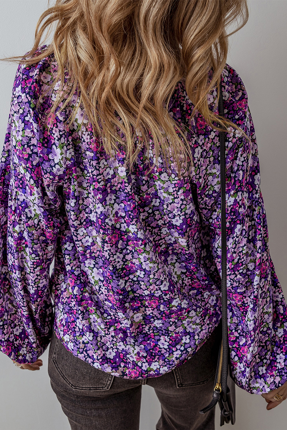 Purple Boho Flower Split V Neck Bubble Sleeve Blouse - loveforevers