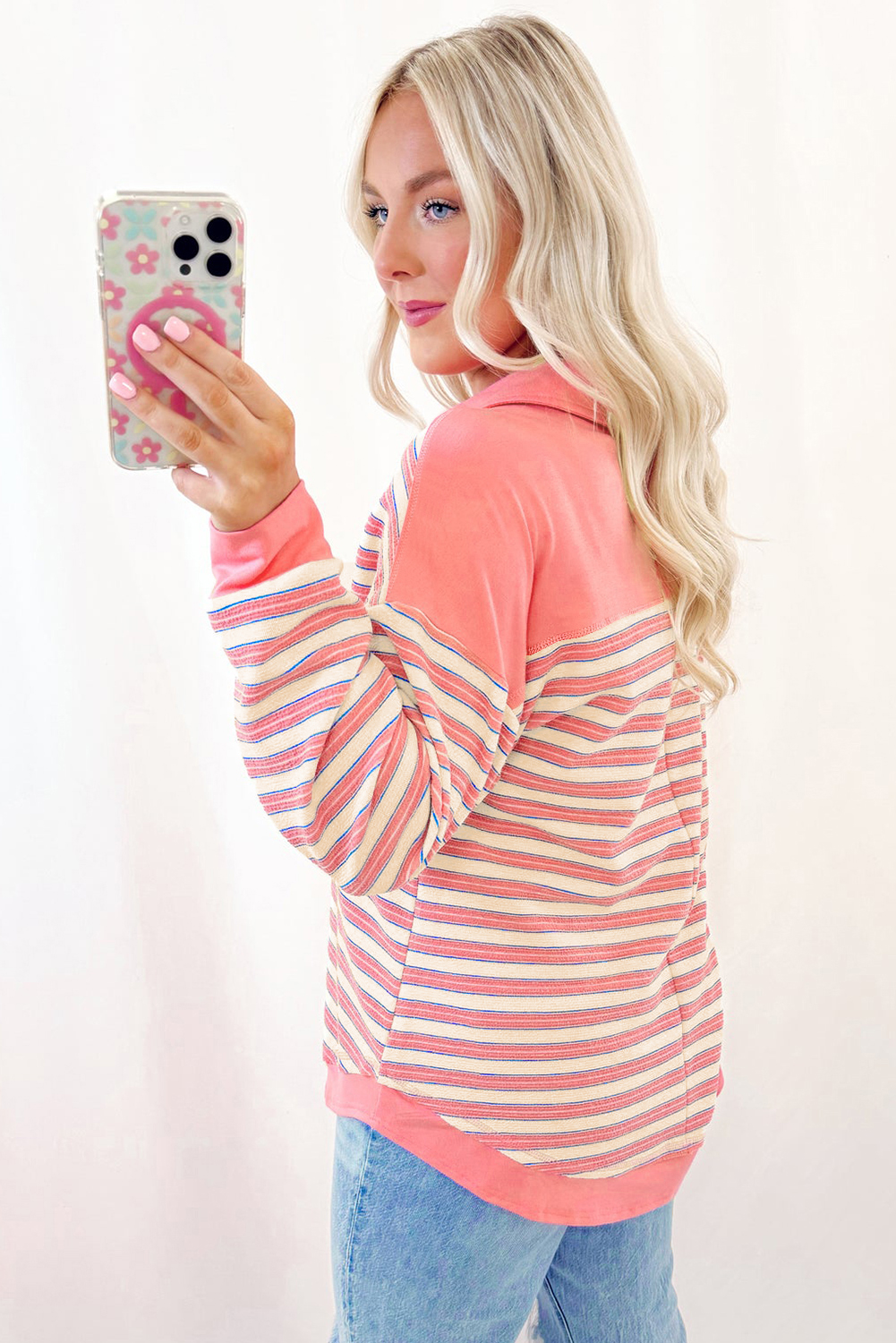 Red Stripe Buttoned V Neck Collared Drop Shoulder Top - loveforevers