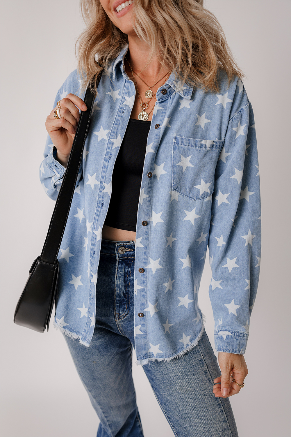 Sky Blue Star Print Light Wash Raw Hem Denim Jacket - loveforevers