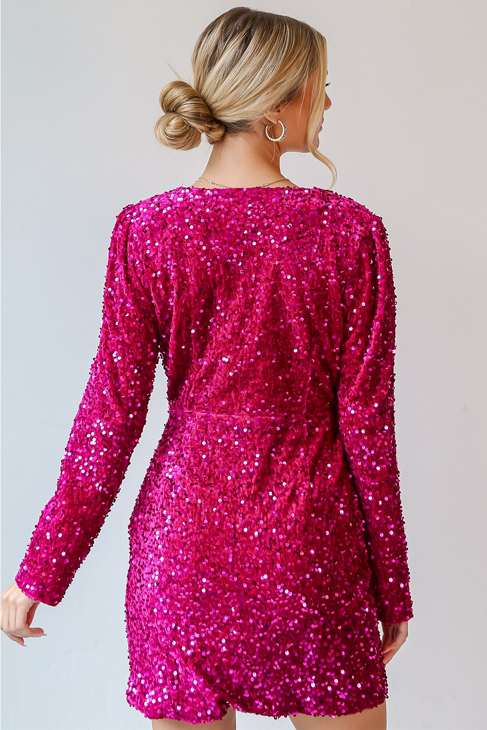 Pitaya Pink Velvet Sequin Long Sleeve V Neck Wrapped Mini Dress - loveforevers