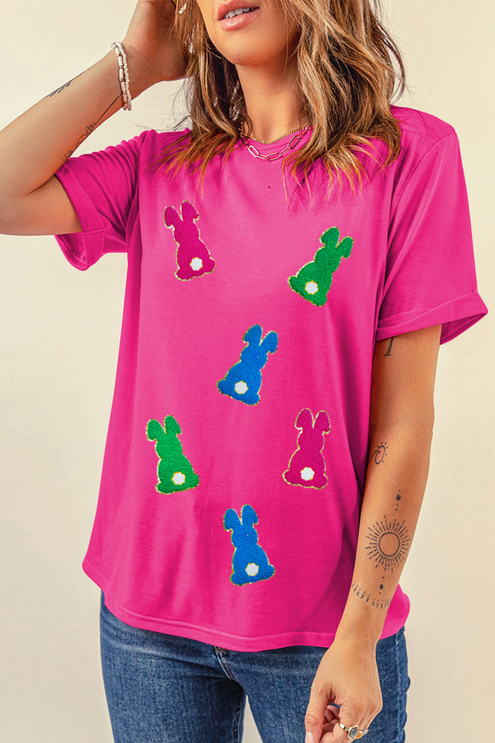 Rose Red Easter Rabbit Chenille Patched Pattern Crew Neck Tee - loveforevers