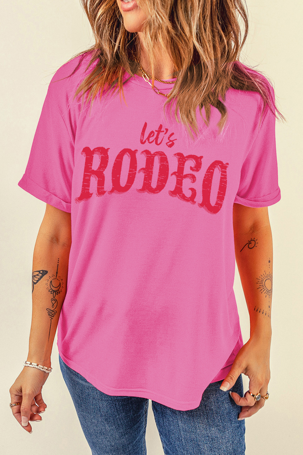 Rose Red Lets Rodeo Crew Neck Graphic Tee - loveforevers
