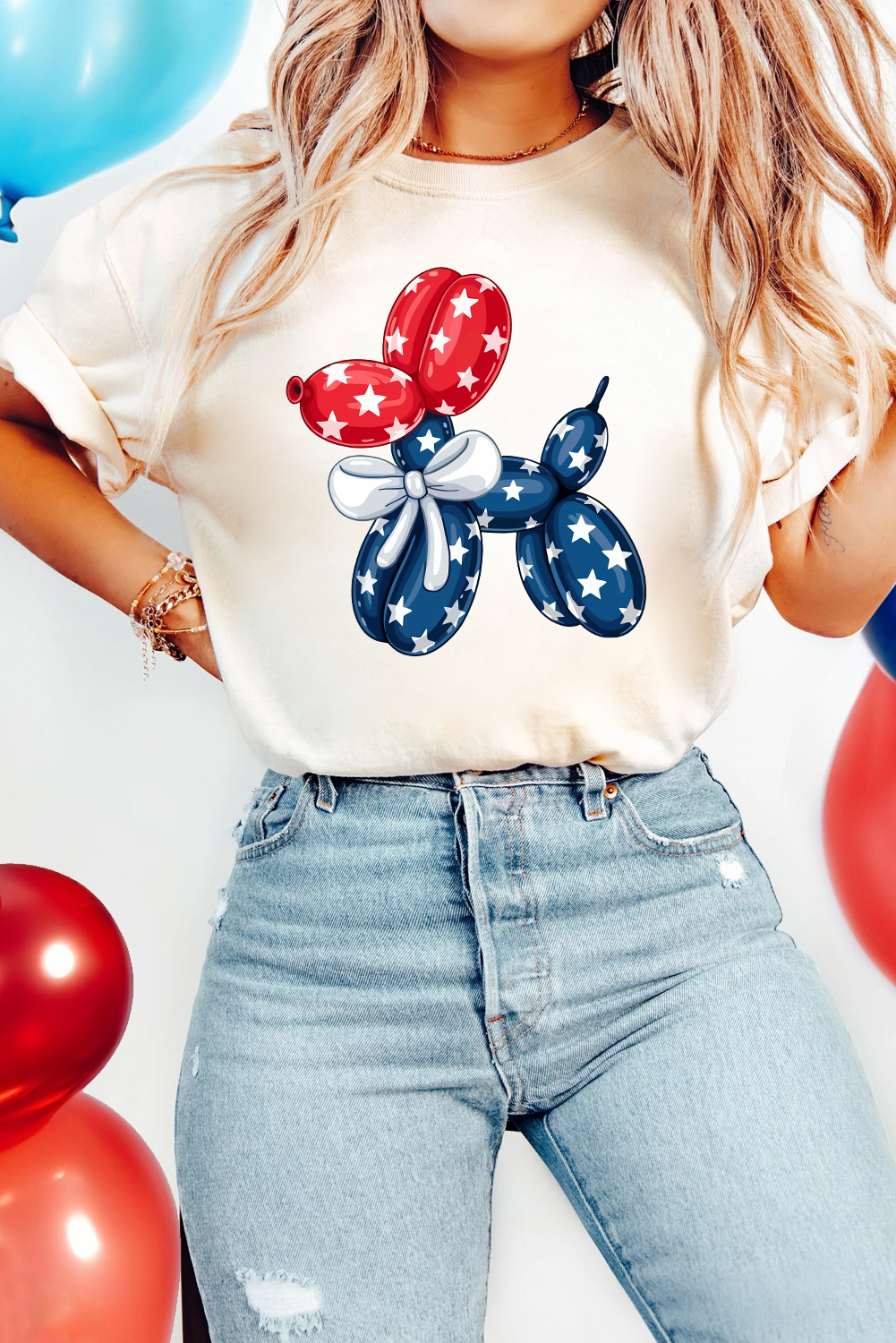 White American Flag Inspired Balloon Dog Graphic Cotton Blend T Shirt - loveforevers