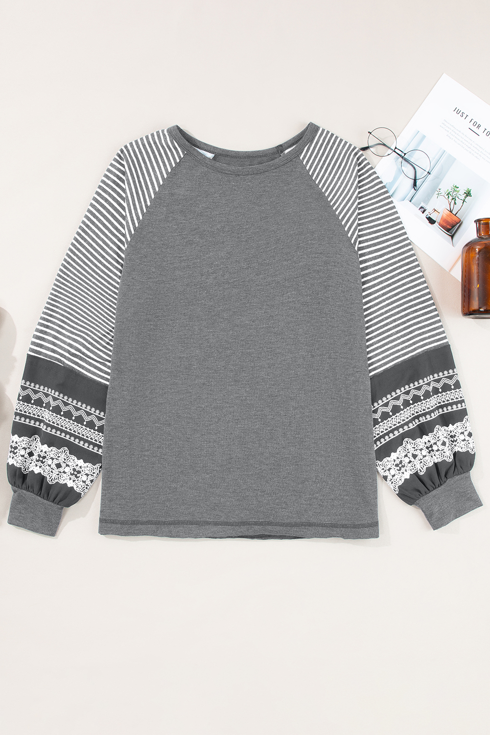 Tillandsia Purple Contrast Print Striped Raglan Long Sleeve Loose Top - loveforevers