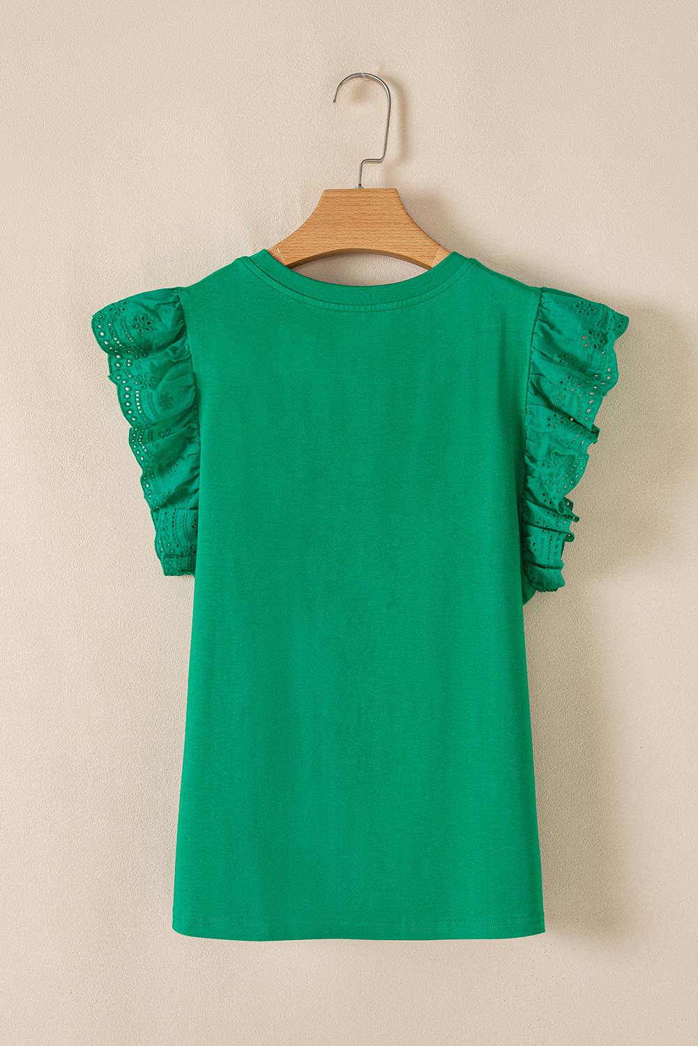 Dark Green Embroidered Ruffled Sleeve Slim Fit Crew Neck Top - loveforevers
