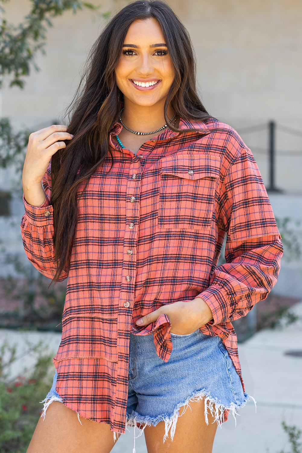Red Plaid Long Sleeeve Side Split Distressed Hem Shirt - loveforevers