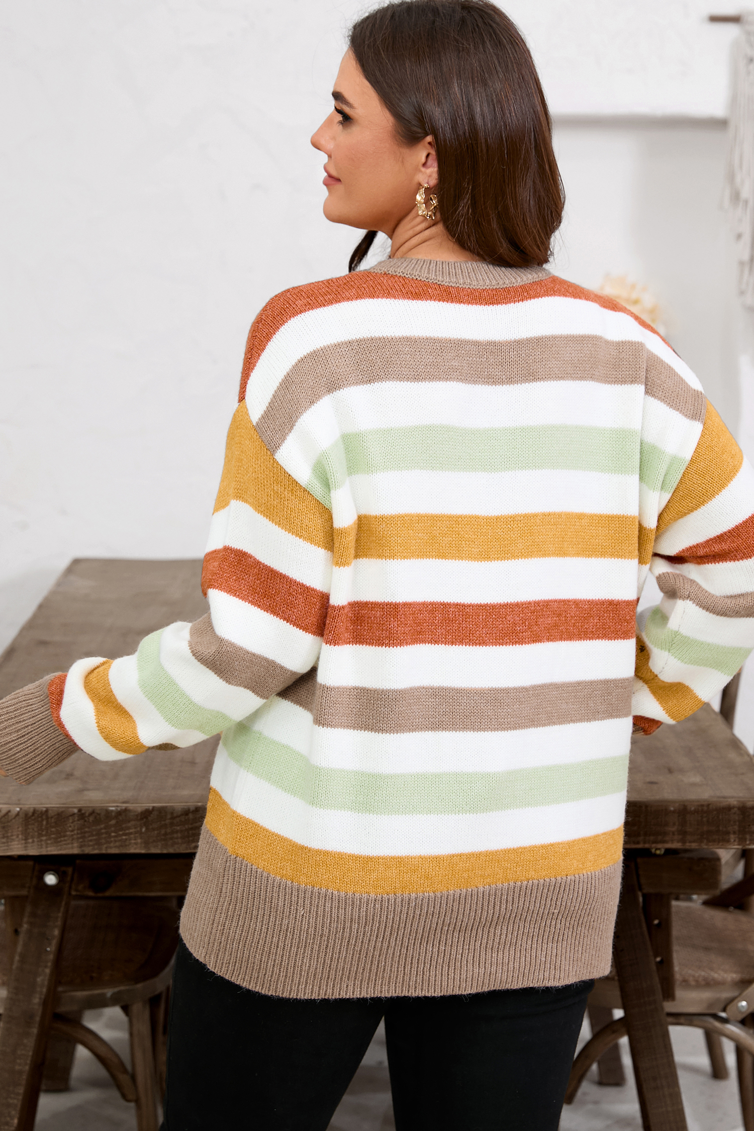Multicolour Stripe Drop Shoulder Crew Neck Sweater - loveforevers