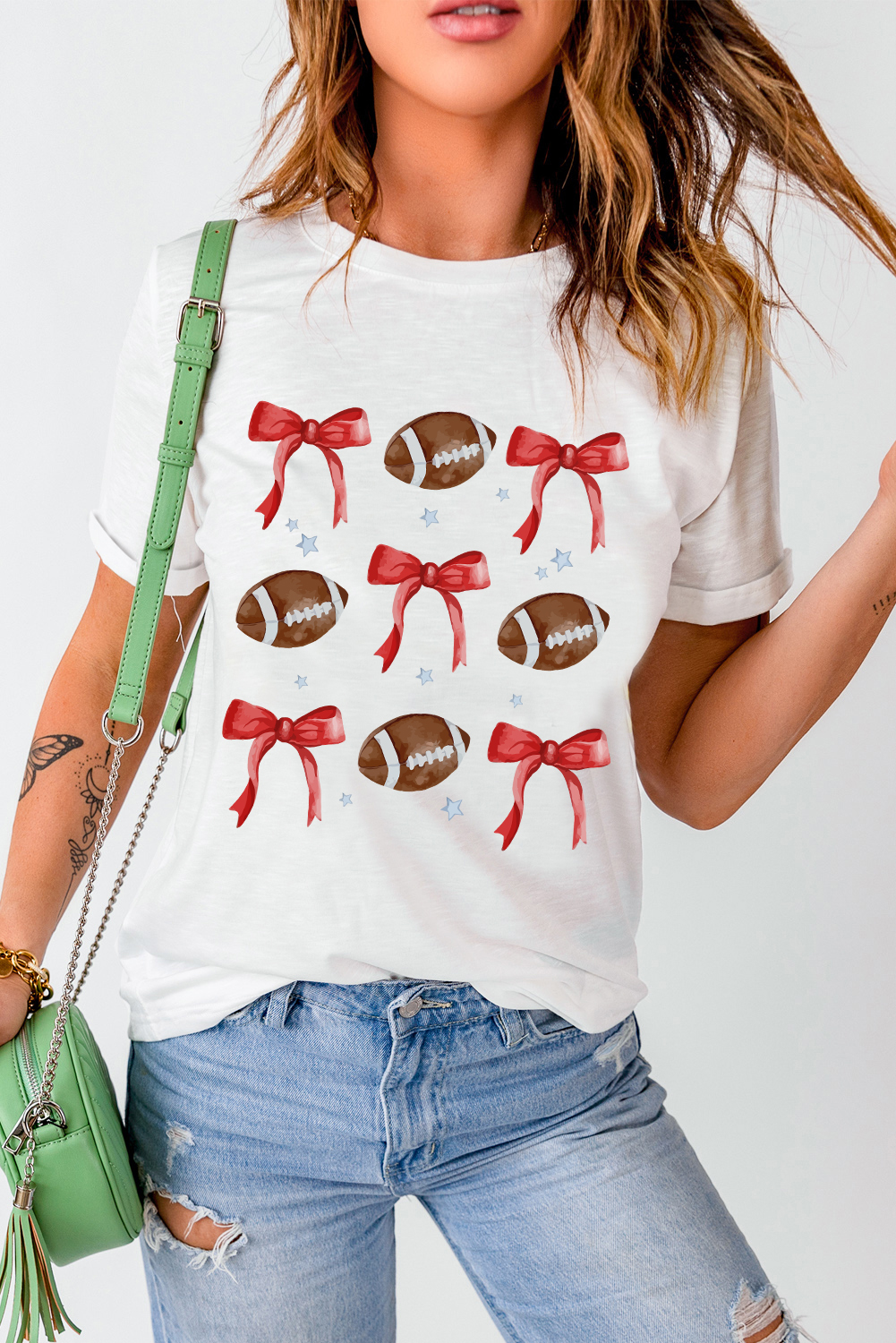 White Bowknot Rugby Graphic Crew Neck Tee - loveforevers