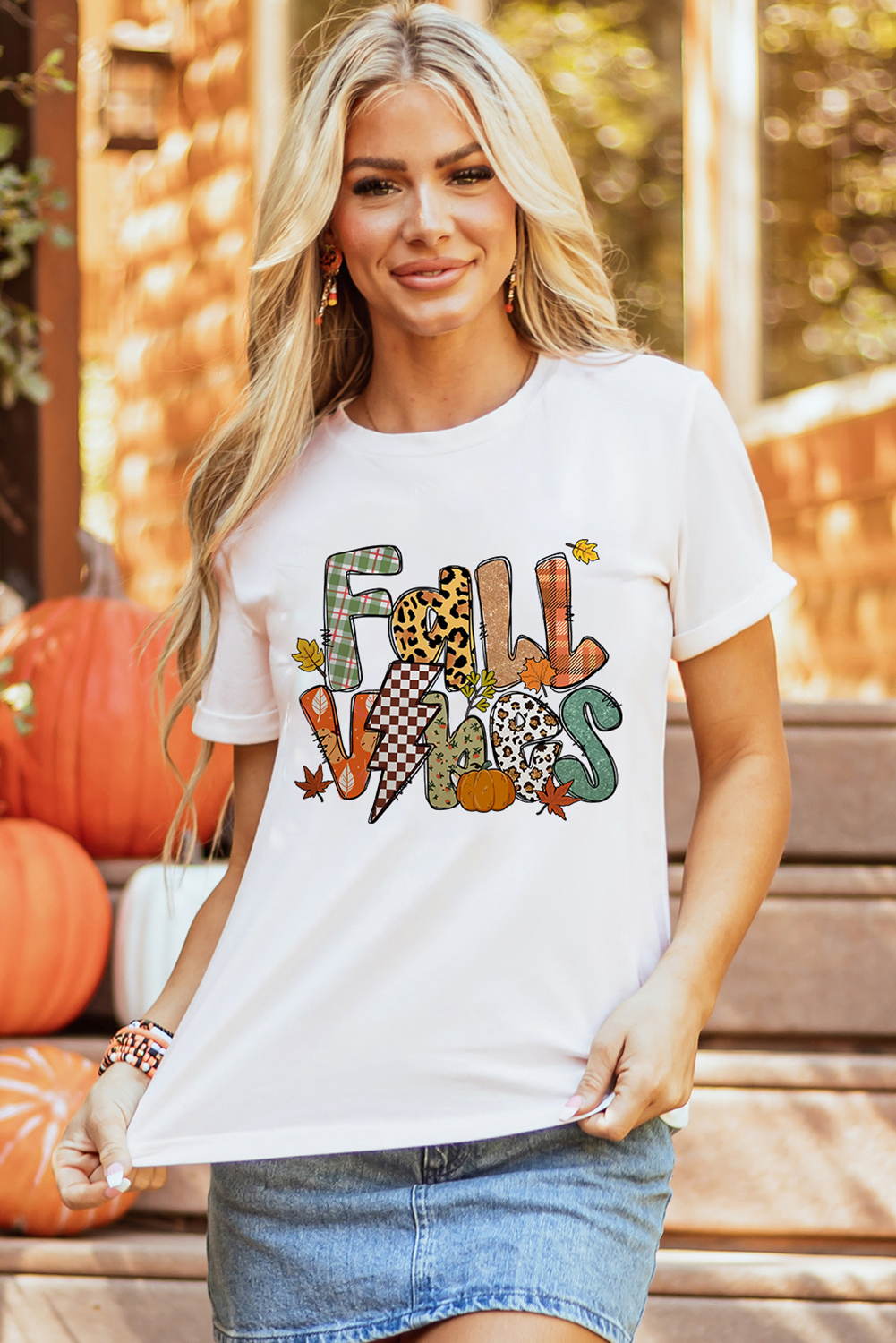 White FALL VIBES Cotton Blend Casual T Shirt - loveforevers