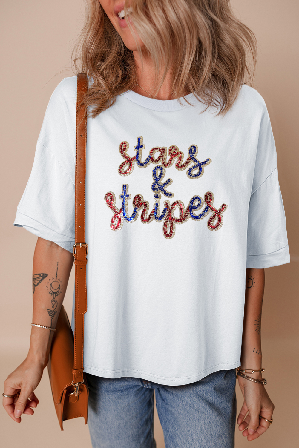 White Sequin stars & stripes Graphic Drop Shoulder Loose T Shirt - loveforevers