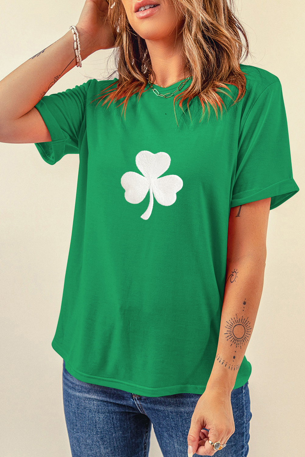 Bright Green Embroidered Clover Pattern St Patrick Tee - loveforevers