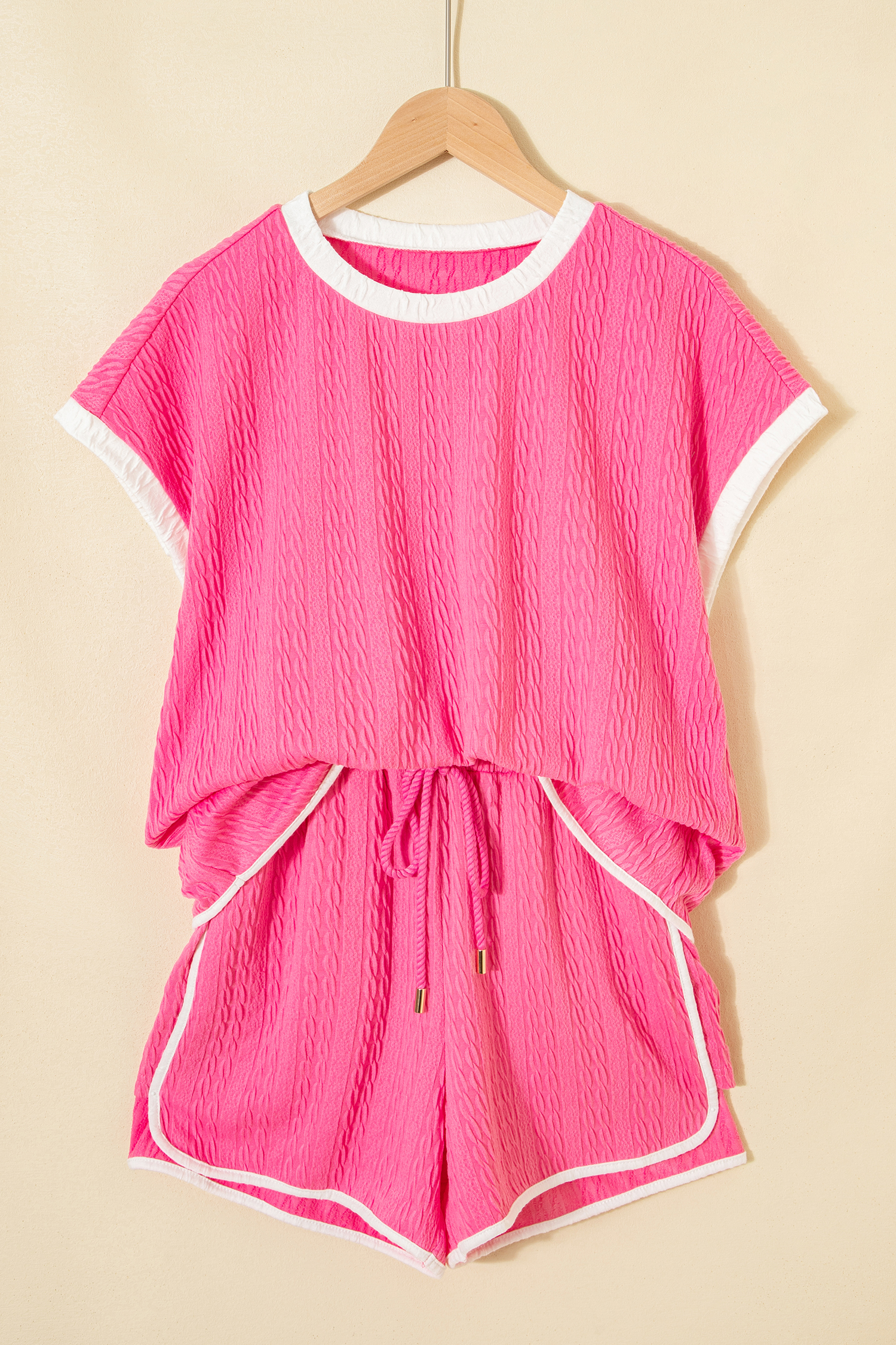 Bright Pink Textured Color Block Trim Loose Tee Drawstring Shorts 2pcs Set - loveforevers