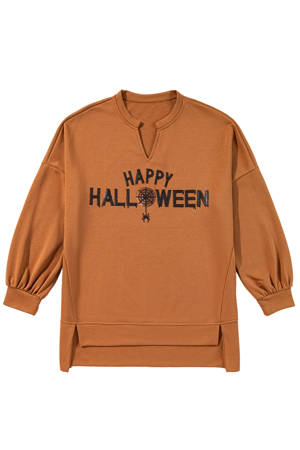Medium Grey Sequin Happy Halloween Graphic Notched Neck Long Sleeve Loose Top - loveforevers