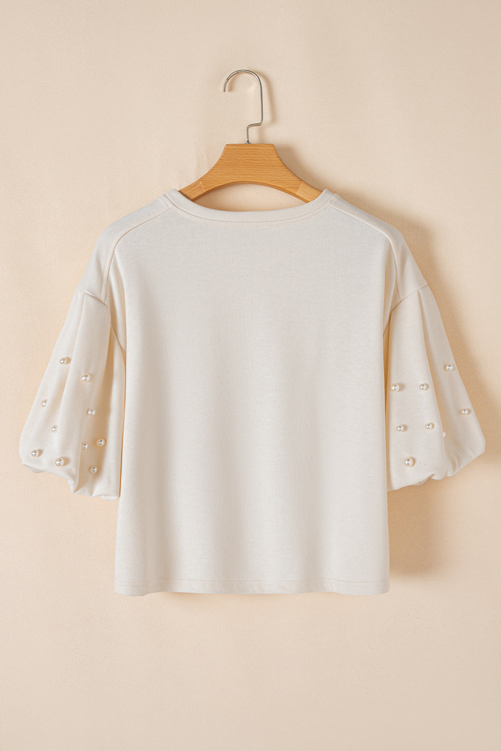 White Pearled Puff Sleeve Round Neck Loose Top - loveforevers