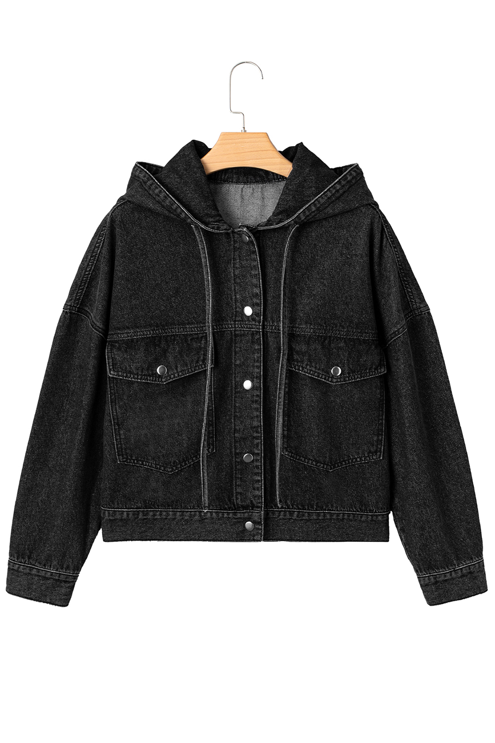 Black Big Chest Pocket Drop Shoulder Hooded Denim Jacket - loveforevers