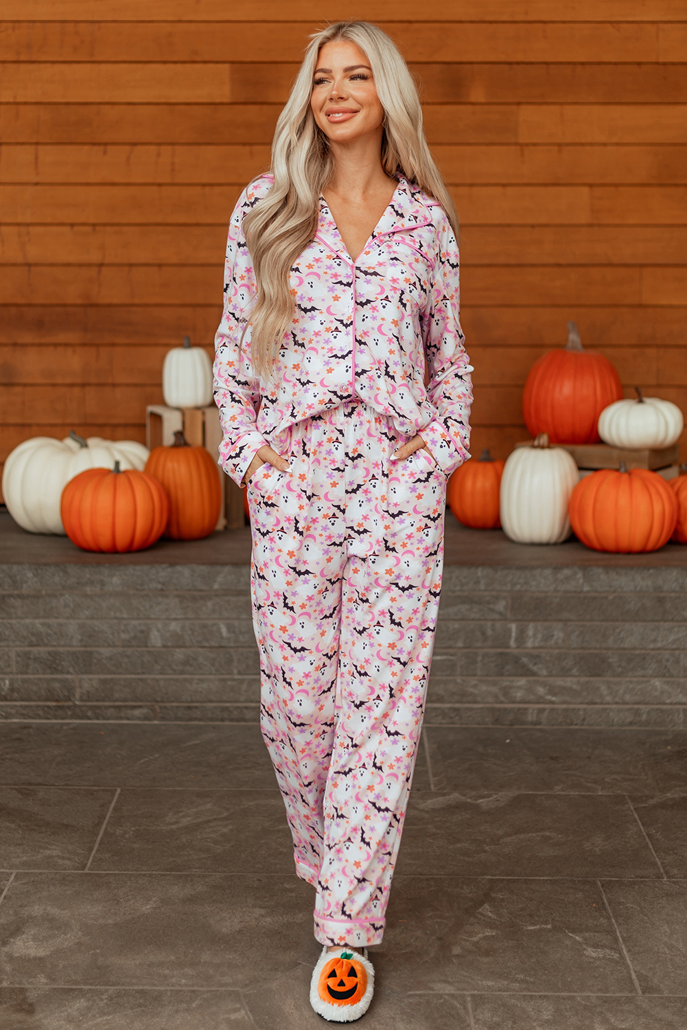 Pink Halloween Eve Haunted Honey Bat Print Pajama Set - loveforevers