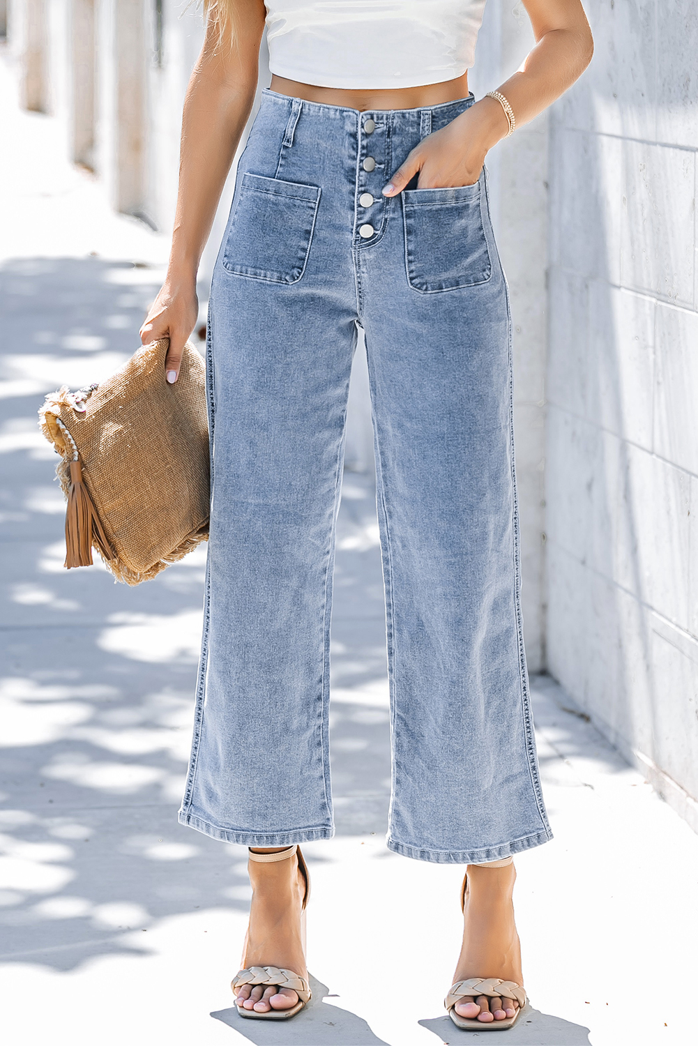 Sky Blue High Waist Cropped Wide Leg Jeans - loveforevers