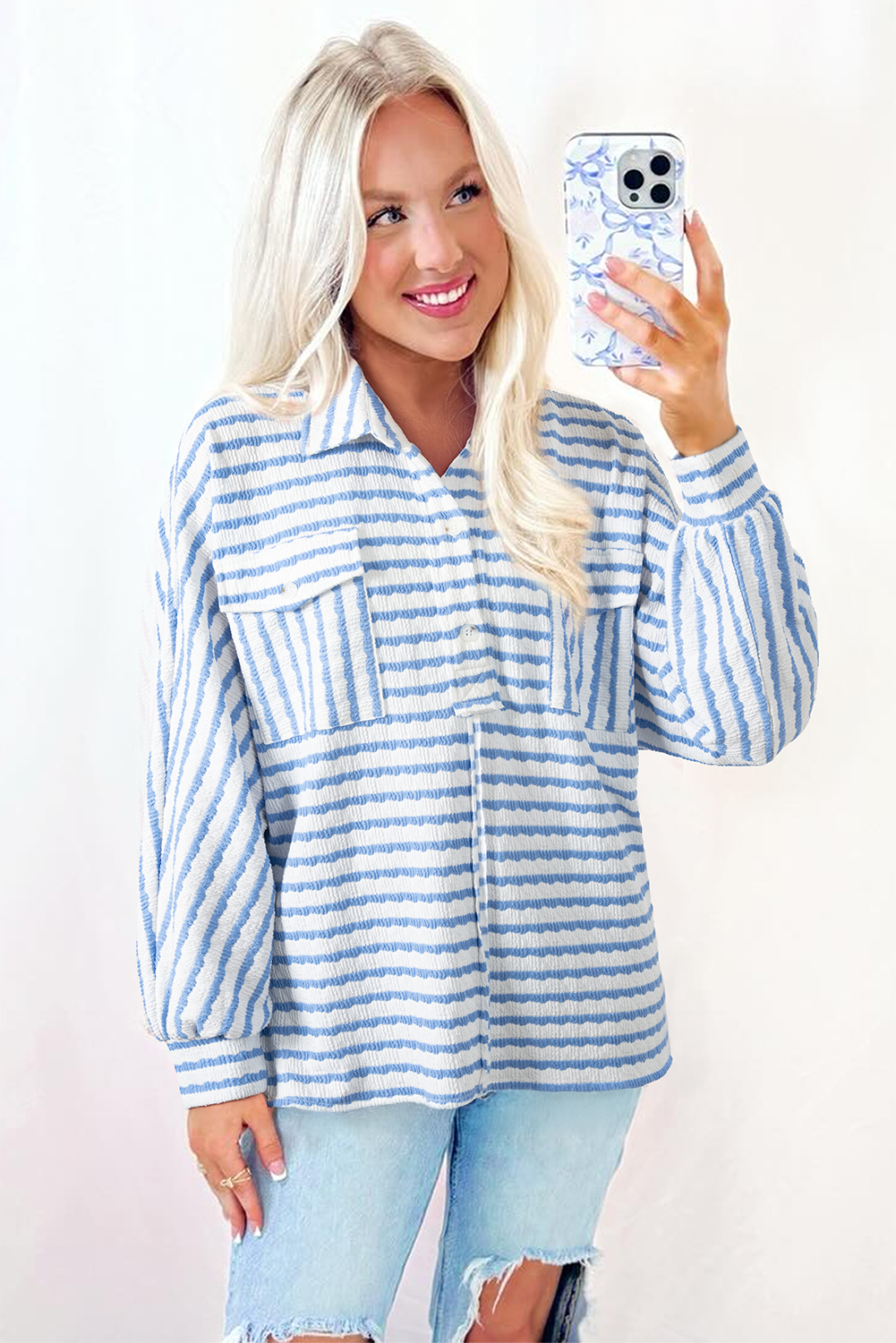 Sky Blue Stripe Half Button Collared Chest Pockets Loose Fit Blouse - loveforevers
