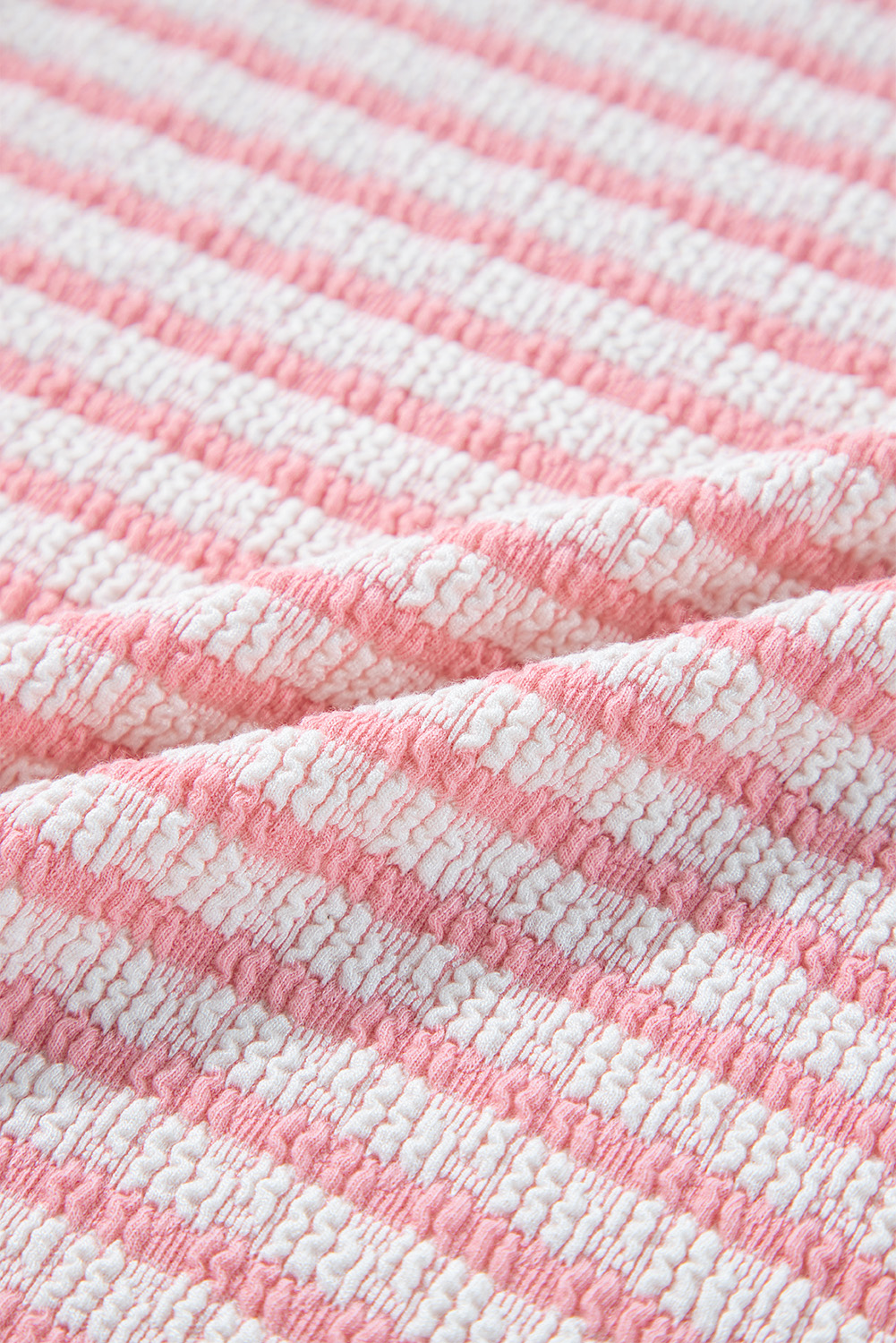 Pink Stripe Textured Puff Sleeve Crewneck Top - loveforevers