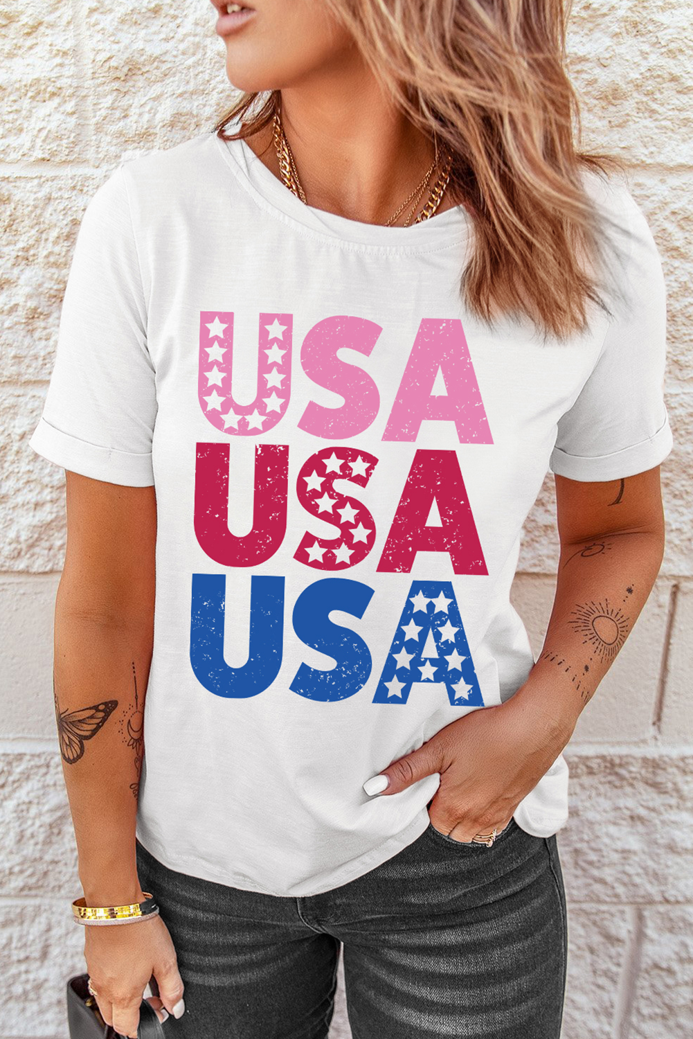 White USA Starry Letter Graphic Cotton Blend T Shirt - loveforevers