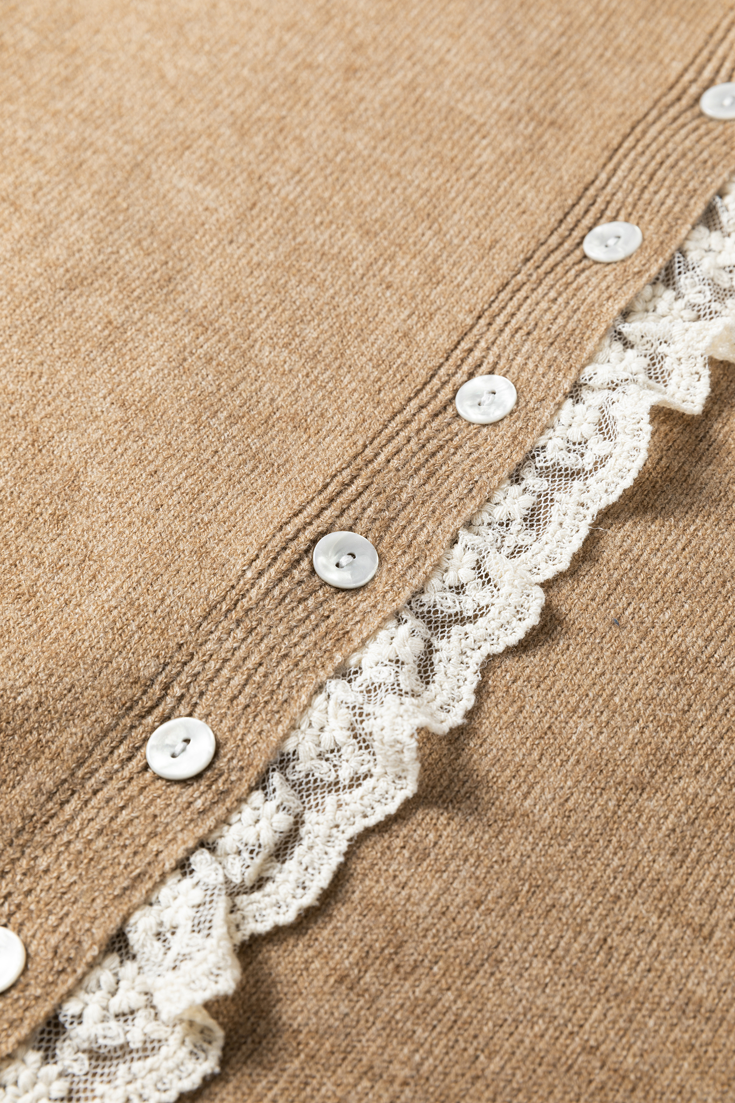 Simply Taupe Contrast Frilled Lace Trim Loose Cardigan Sweater - loveforevers