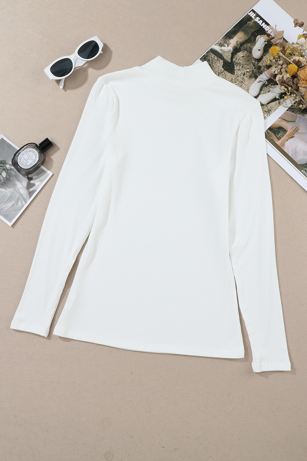 White Ribbed Knit High Neck Long Sleeve Top - loveforevers