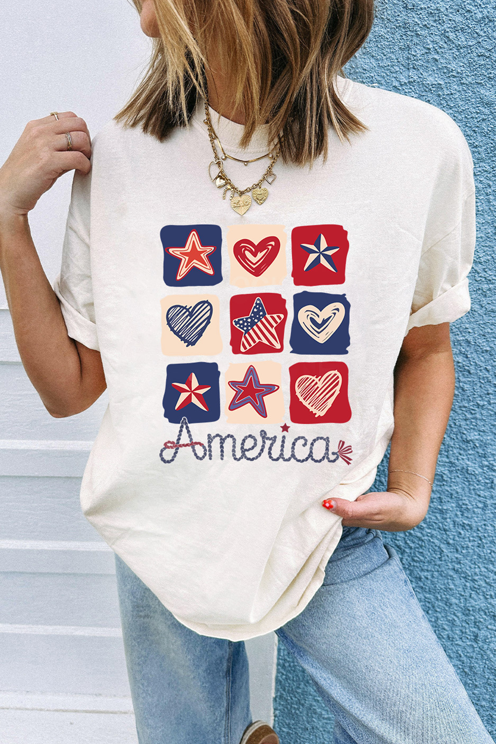 White American Heart Star Checkered Graphic Tee - loveforevers