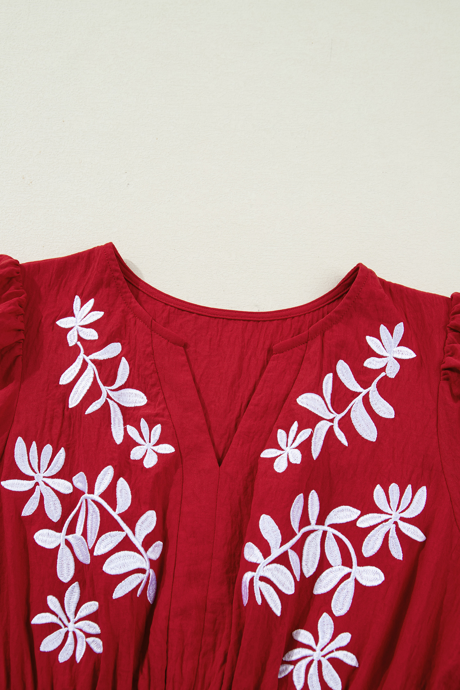 Racing Red Contrast Embroidered Detail Cinched Waist Tiered Long Sleeve Maxi Dress - loveforevers