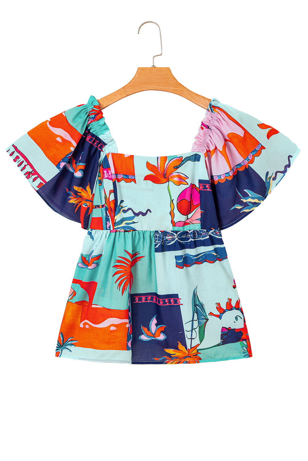 Sky Blue Tropical Printed Square Neck Flutter Sleeve Babydoll Blouse - loveforevers