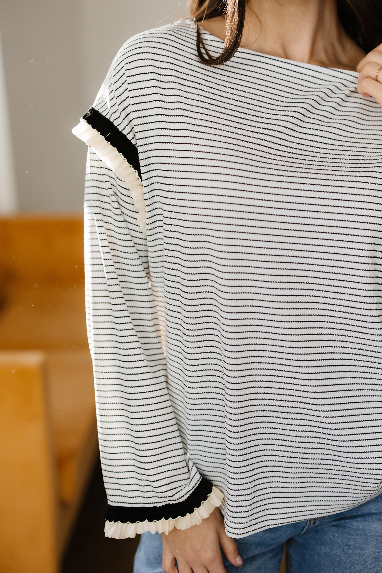 White Stripe Contrasted Ruffle Trim Loose Long Sleeve Top - loveforevers