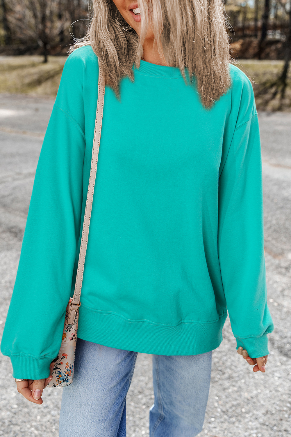 Navy Blue Plain Drop Shoulder Crewneck Pullover Sweatshirt - loveforevers