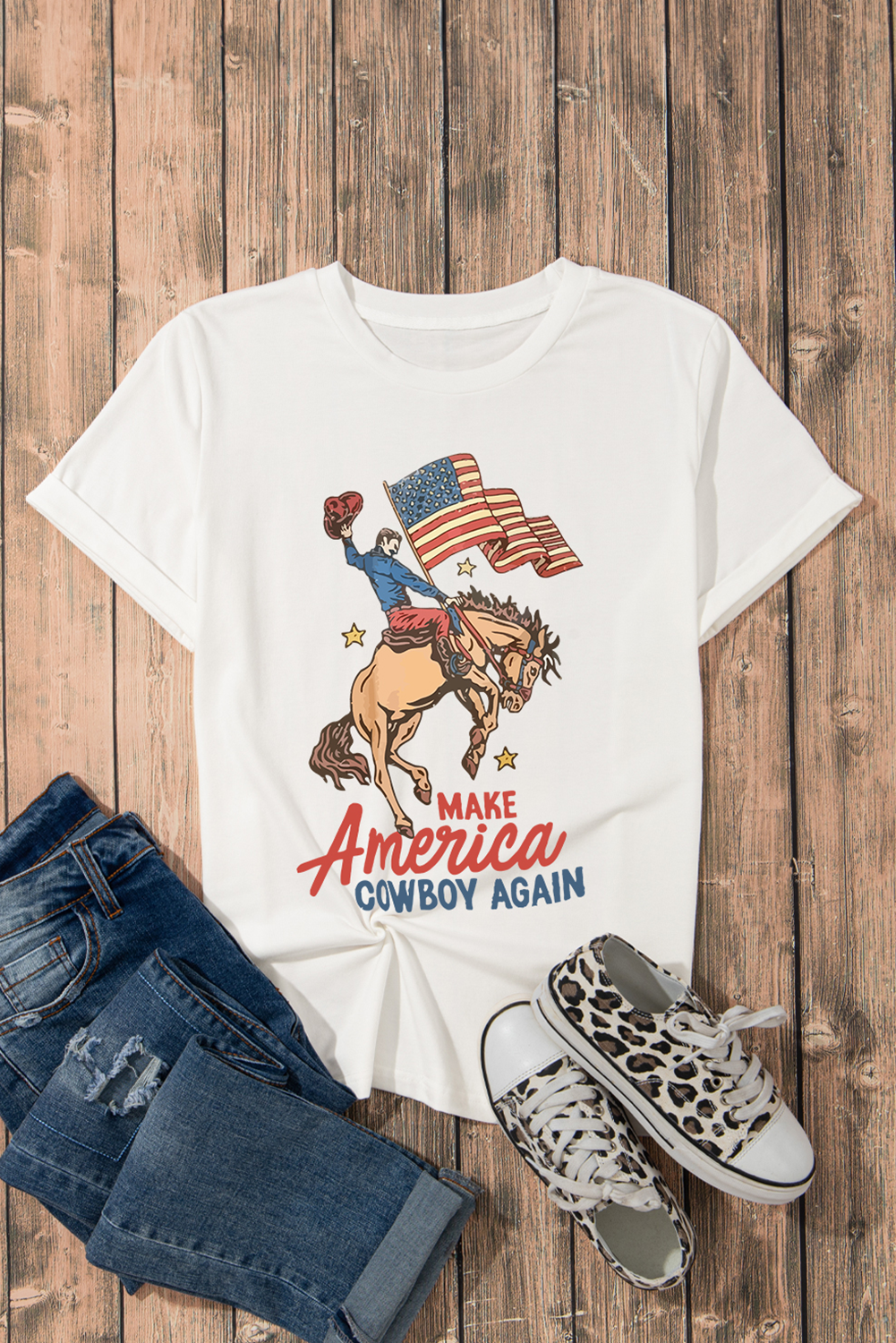 White MAKE AMERICA COWBOY AGAIN Graphic Crewneck Tee - loveforevers