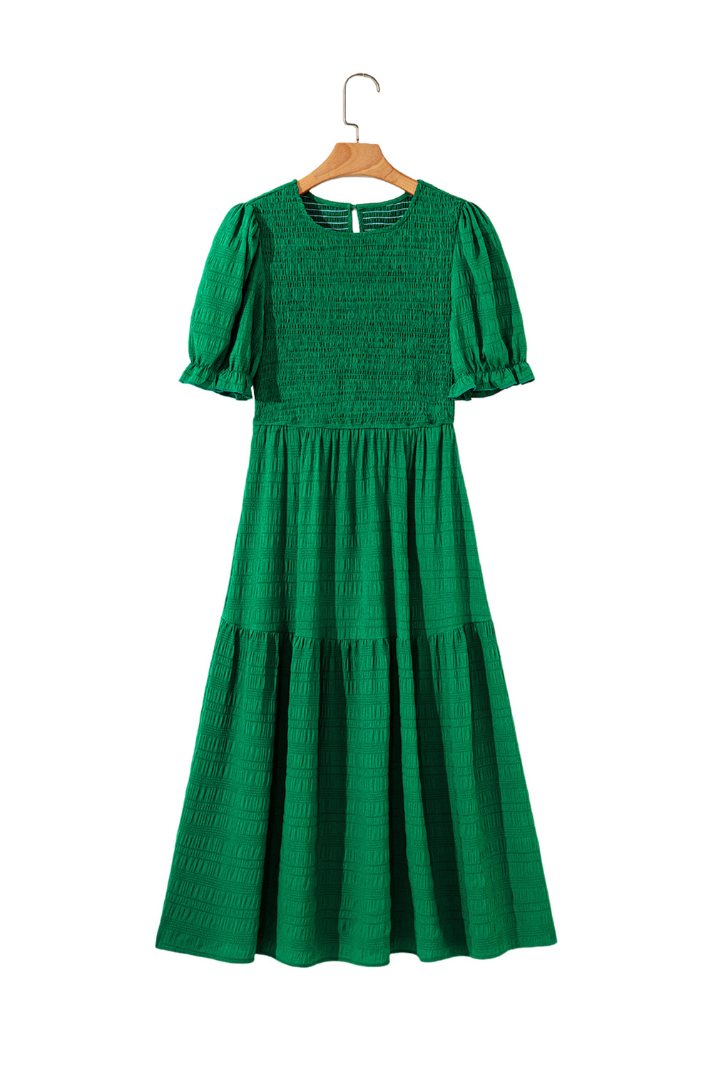 Dark Green Textured Ruffled Sleeve Round Neck Top - loveforevers