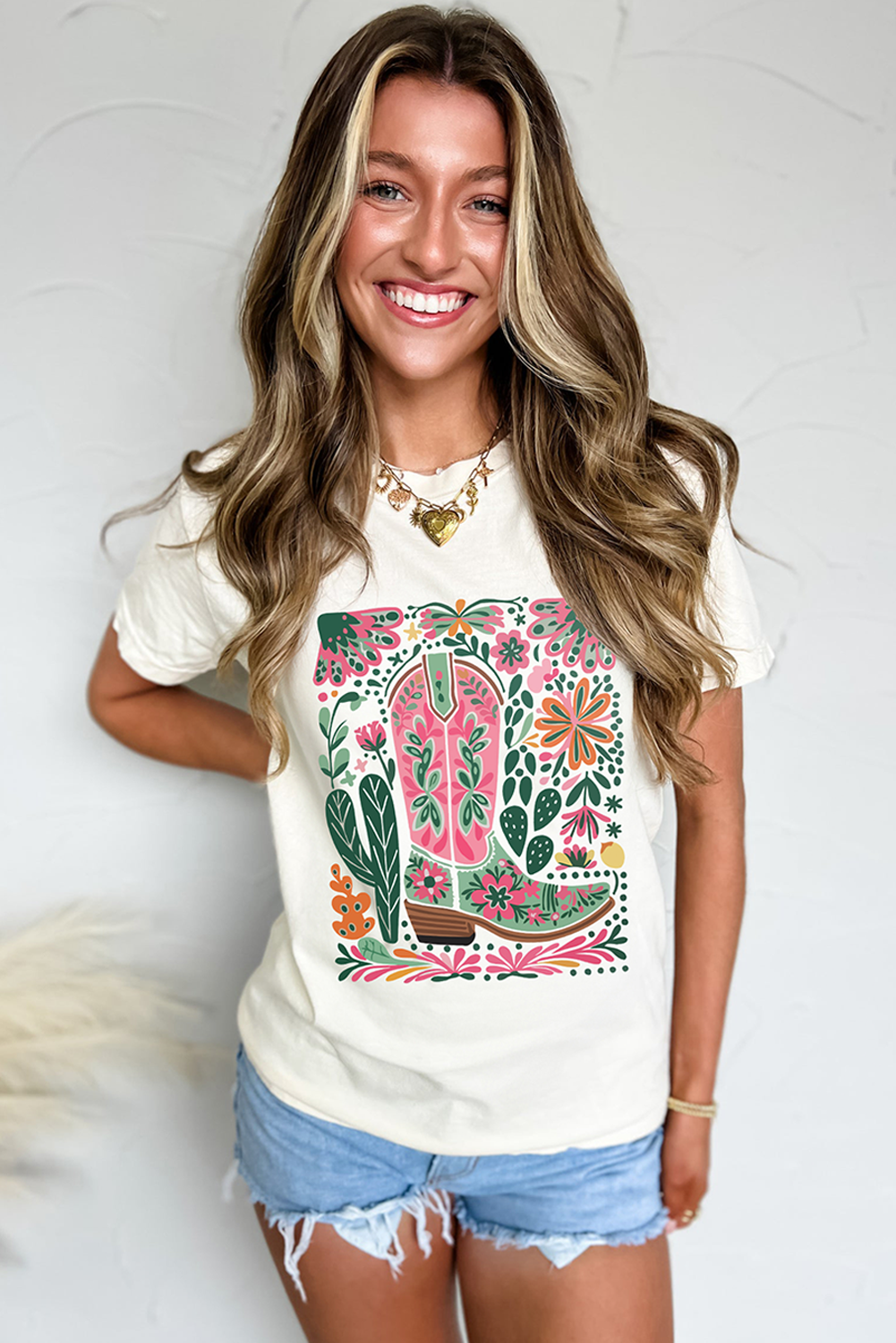 White Western Boot Flower Print Crew Neck Loose Tee - loveforevers