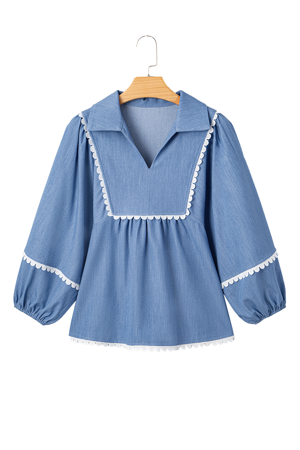 Dusk Blue Lace Ric Rac 3/4 Puff Sleeve Collared Babydoll Blouse - loveforevers