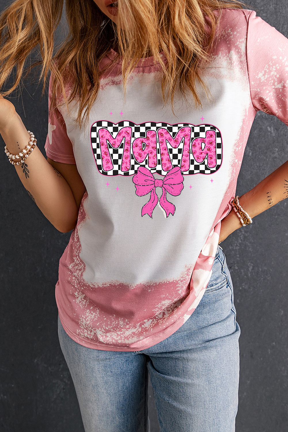Pink Checkered Bow MAMA Graphic Tie-dye Tee - loveforevers