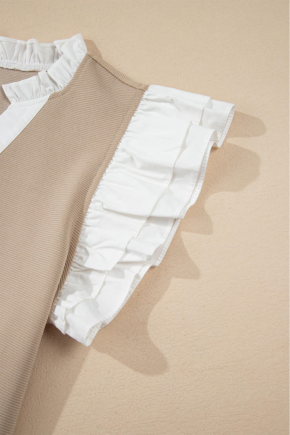 Pale Khaki Contrast V Neck Ruffled Textured Knit Top - loveforevers