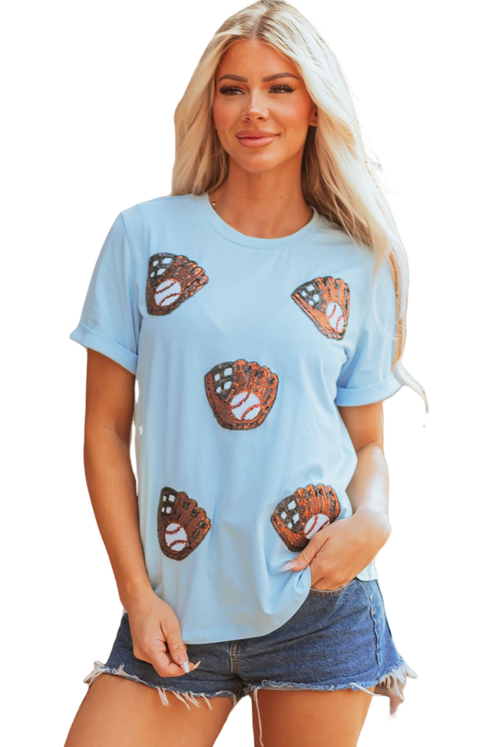 Light Blue Gopher Ball Sequin Patched Casual T Shirt - loveforevers