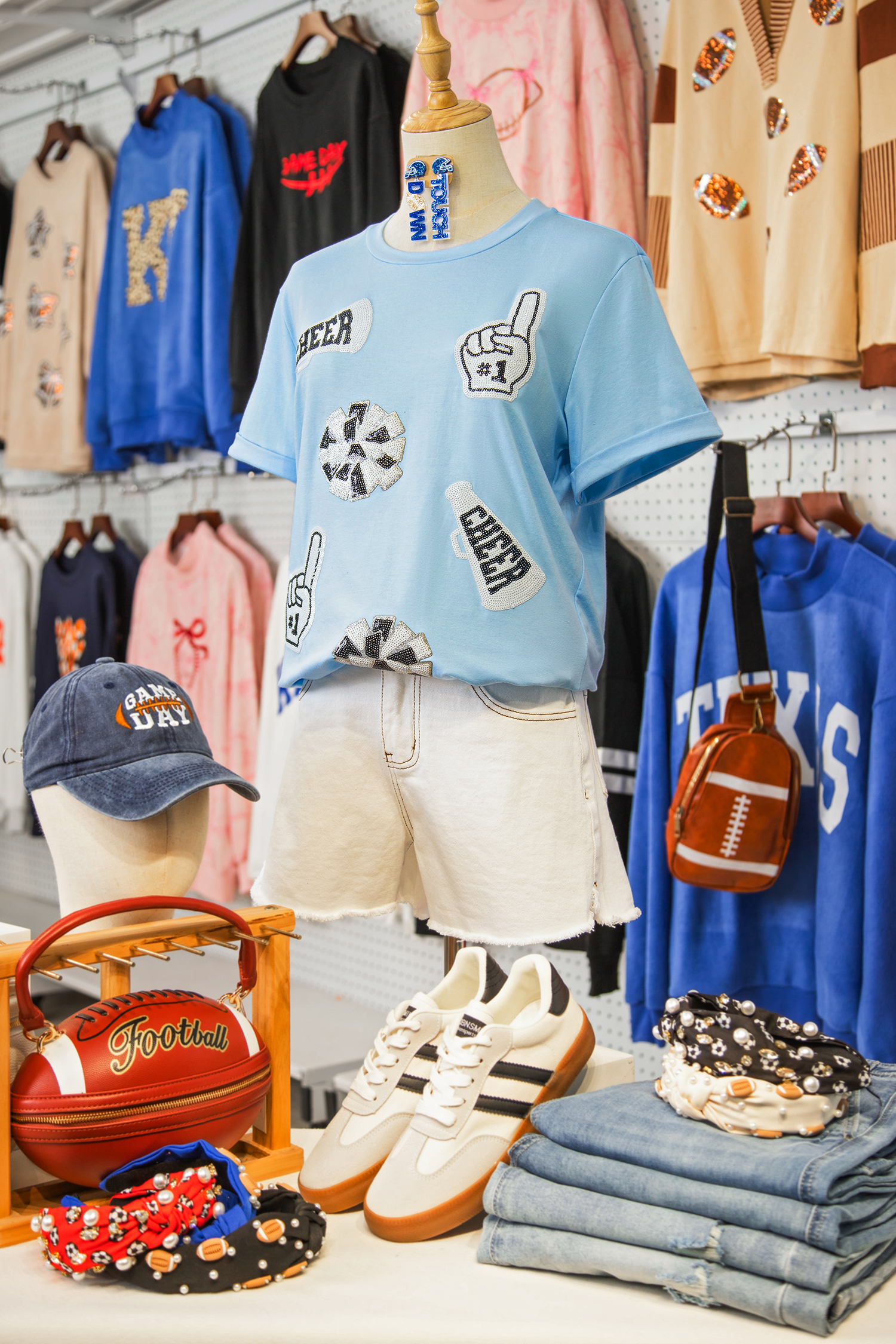 Light Blue Cheer Game Day Element Sequin Patched T Shirt - loveforevers