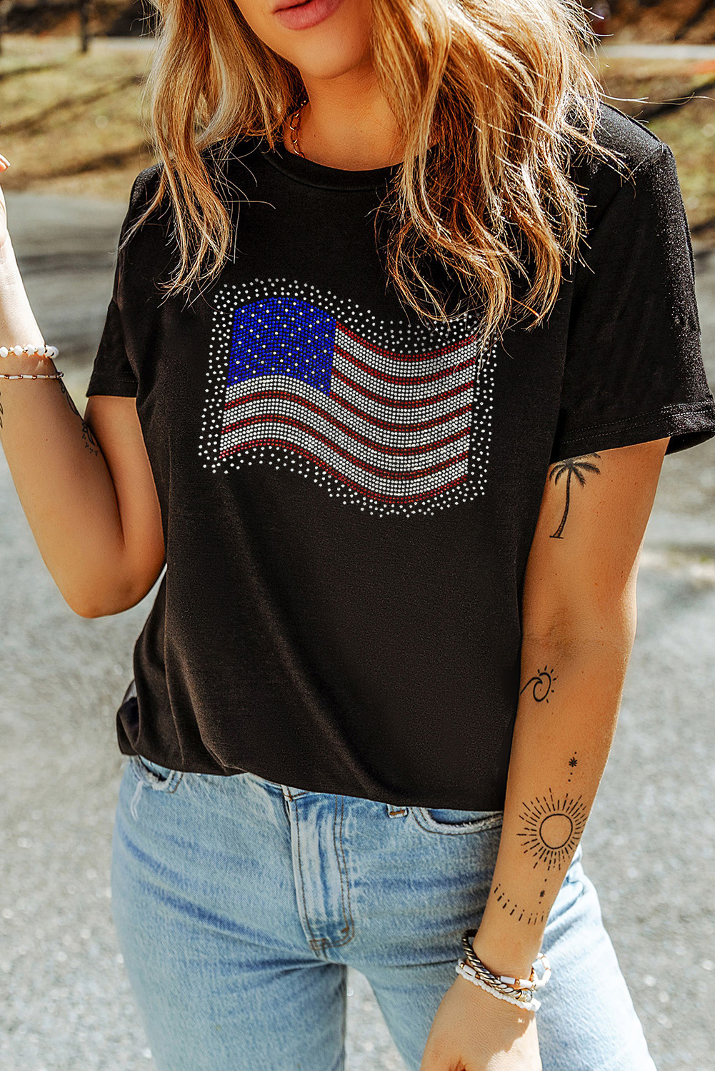Black Rhinestone American Flag Casual Round Neck Tee - loveforevers