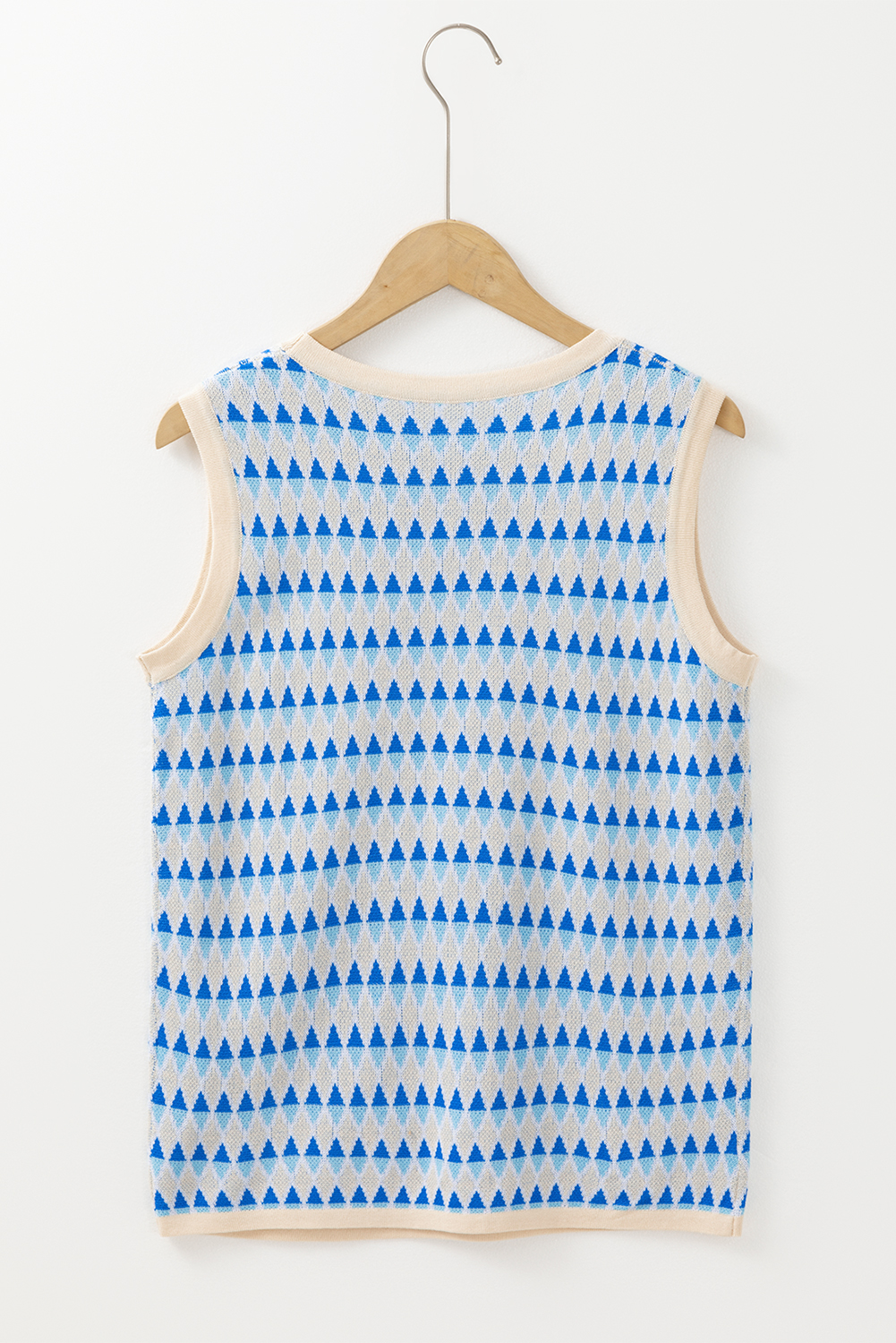 Sky Blue Stripe Geometric Print Round Neck Slim Fit Sweater Vest - loveforevers