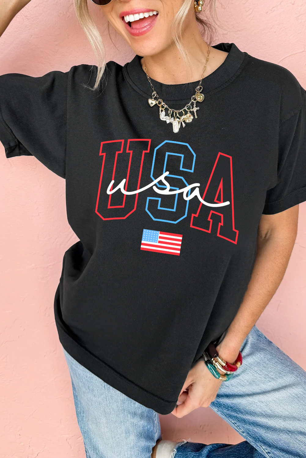 Black USA Letter American Flag Print Casual T Shirt - loveforevers